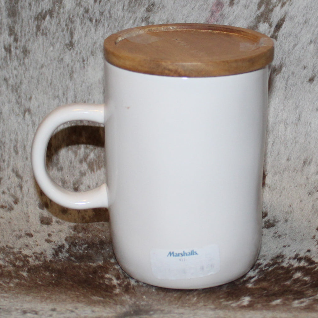 Rae Dunn THANKFUL White Mug With Wood Cellar Topper