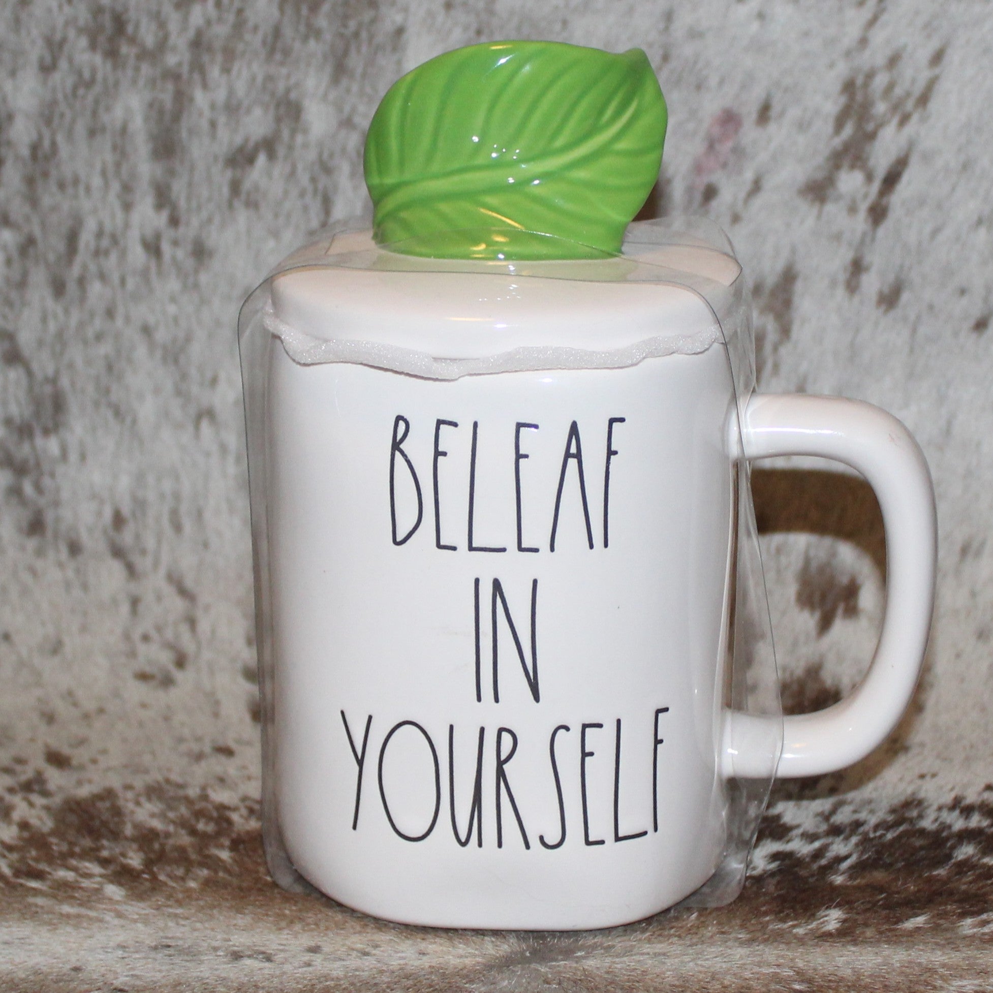 Rae Dunn BELEAF IN YOURSELF White Mug With Leaf Topper