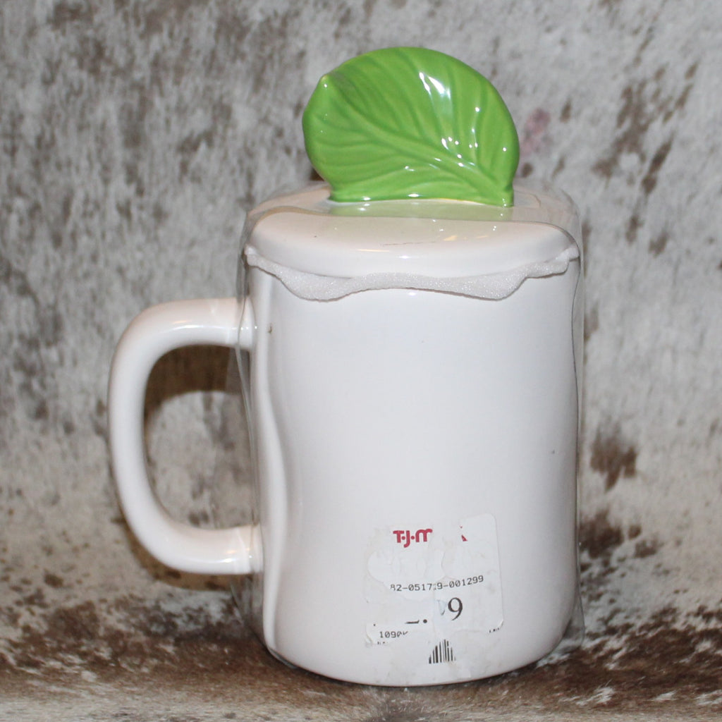 Rae Dunn BELEAF IN YOURSELF White Mug With Leaf Topper