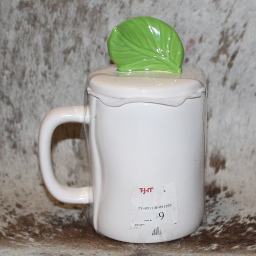 Rae Dunn BELEAF IN YOURSELF White Mug With Leaf Topper