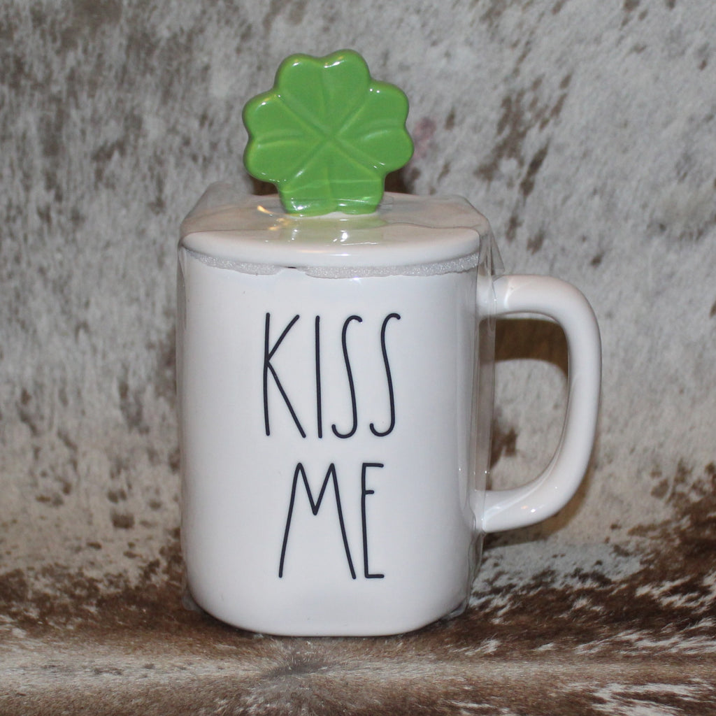 Rae Dunn KISS ME White Mug With 4 Leaf Clover Topper