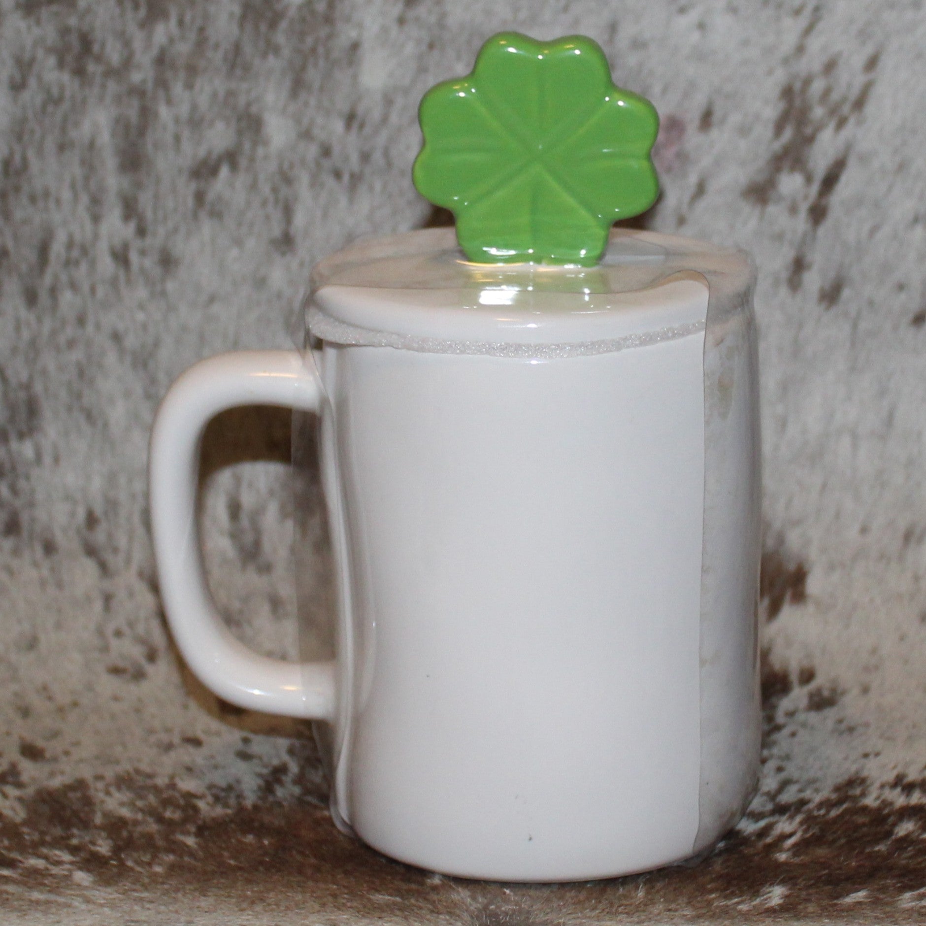 Rae Dunn KISS ME White Mug With 4 Leaf Clover Topper