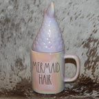 Rae Dunn MERMAID HAIR DON'T CARE Iridescent Pink Mug With Mermaid Tail Topper