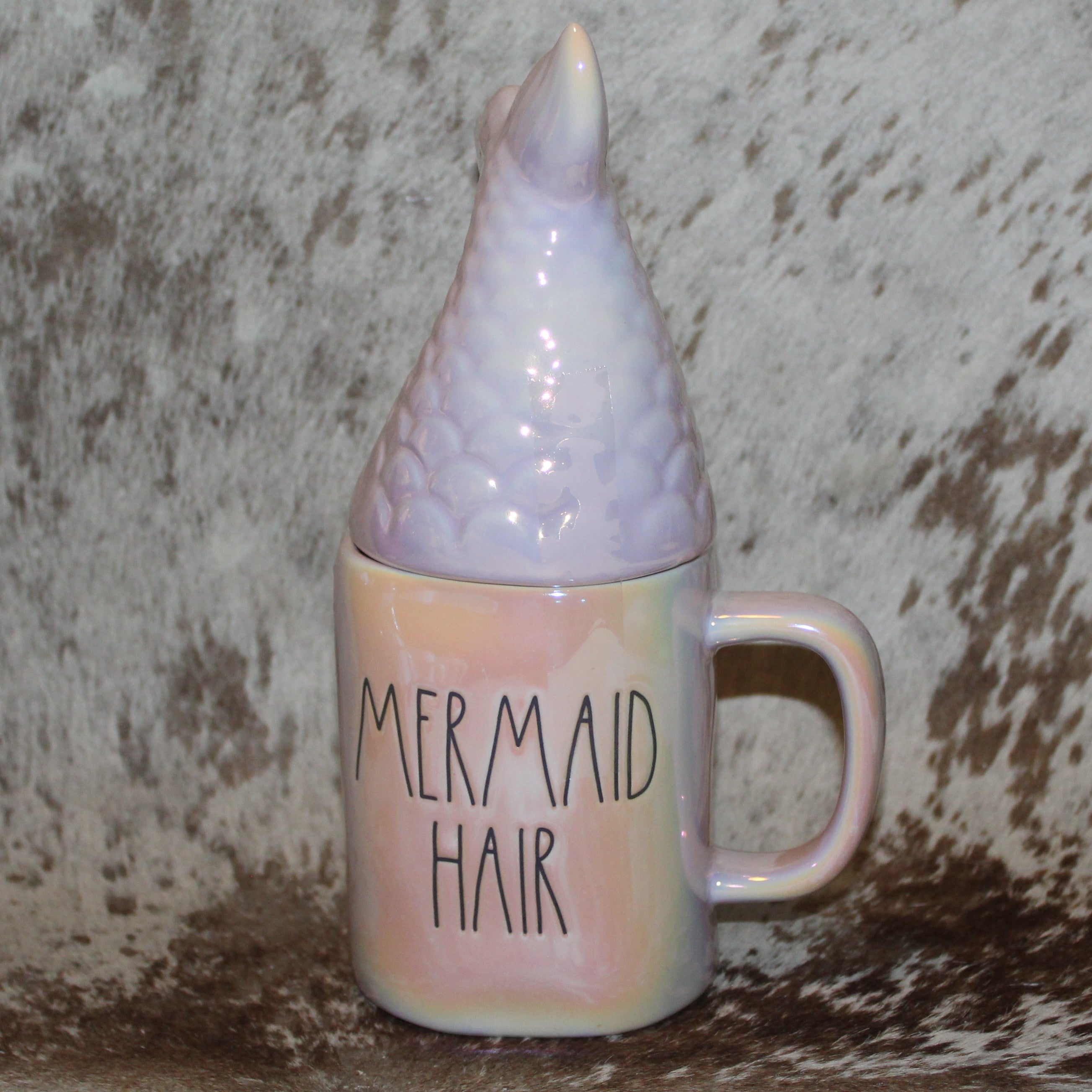 Rae Dunn MERMAID HAIR DON'T CARE Iridescent Pink Mug With Mermaid Tail Topper