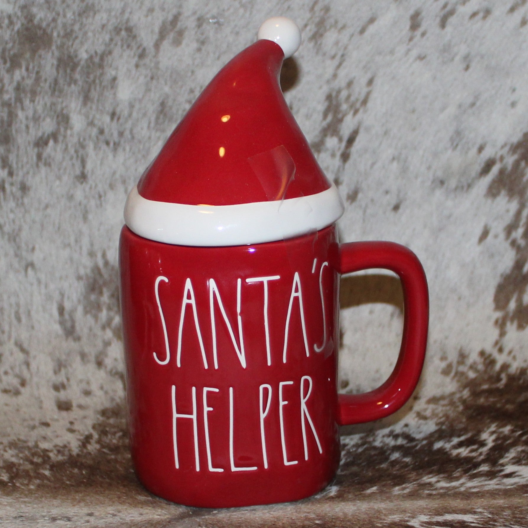 Rae Dunn SANTA'S HELPER Red Mug with Santa Hat Topper