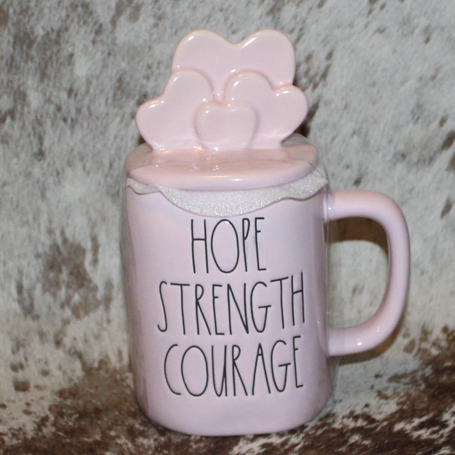 Rae Dunn HOPE STRENGTH COURAGE Pink Mug With Hearts Topper