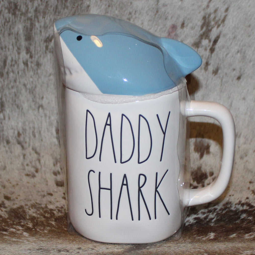 Rae Dunn DADDY SHARK White Mug With Shark Topper