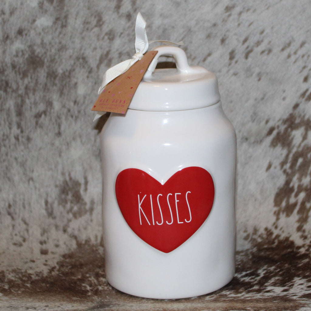 Rae Dunn KISSES White Medium Canister with Raised Red Heart