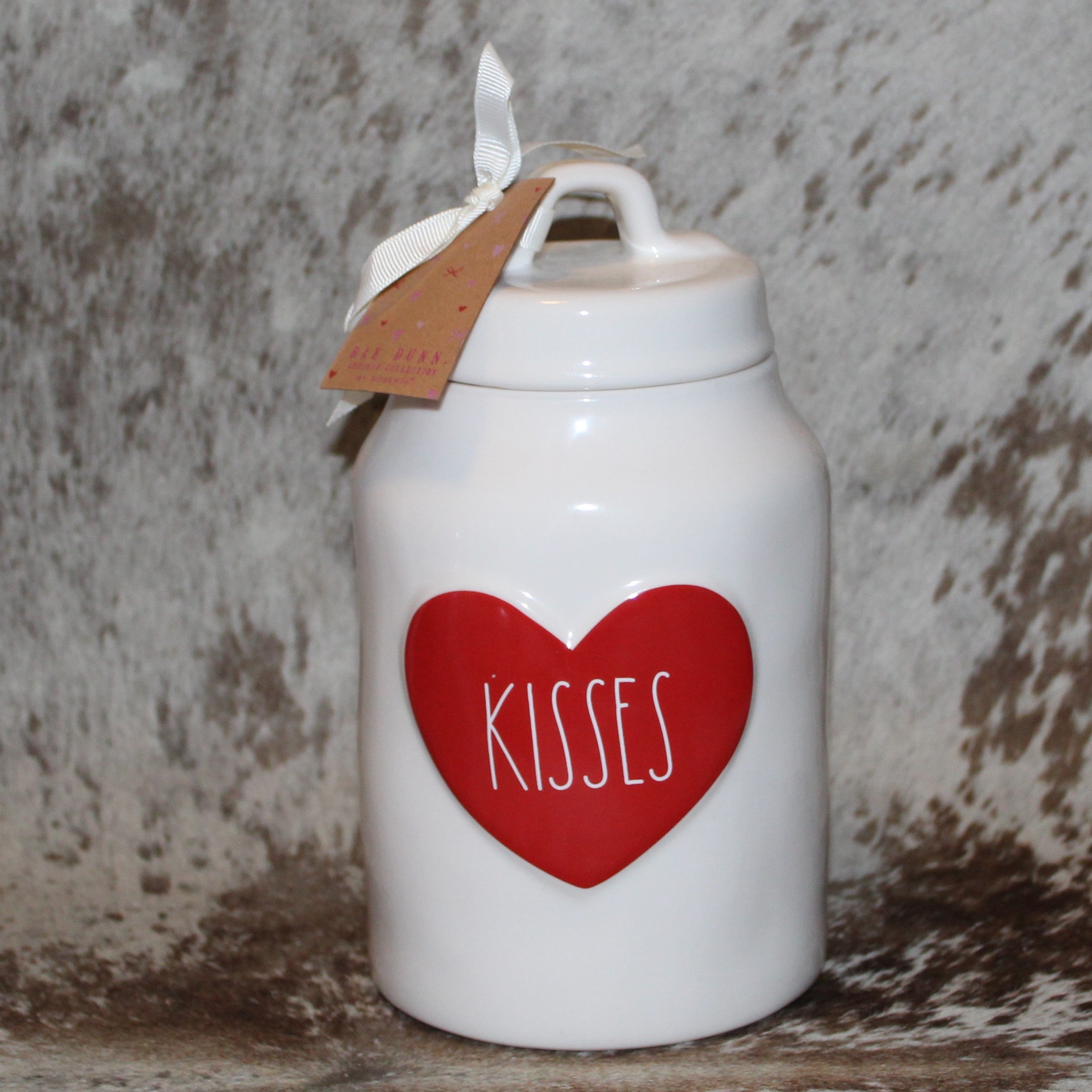 Rae Dunn KISSES White Medium Canister with Raised Red Heart