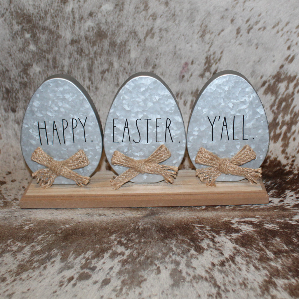 Rae Dunn HAPPY EASTER Y'ALL Metal Egg Sign on Wood Base
