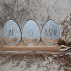 Rae Dunn HE IS RISEN Metal Egg Sign on Wood Base