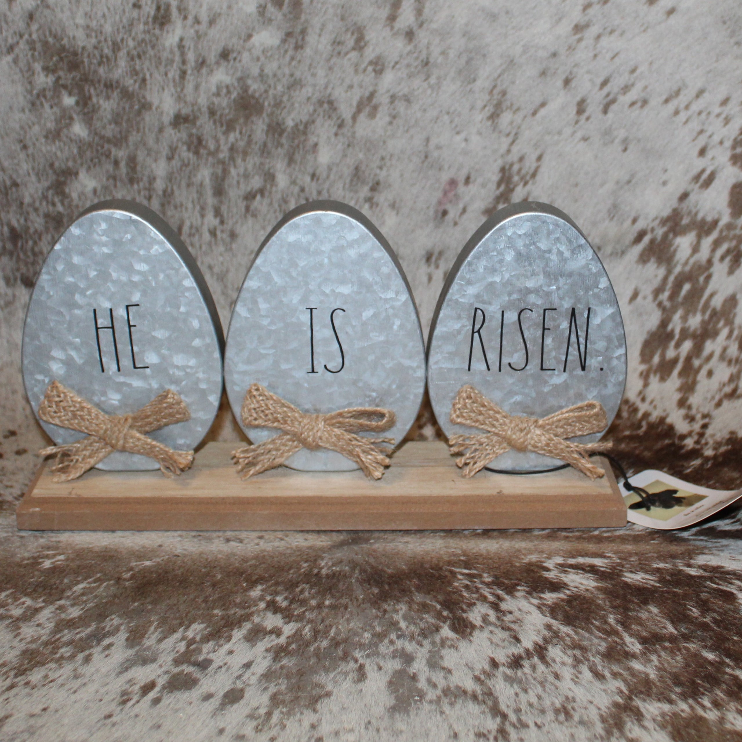Rae Dunn HE IS RISEN Metal Egg Sign on Wood Base