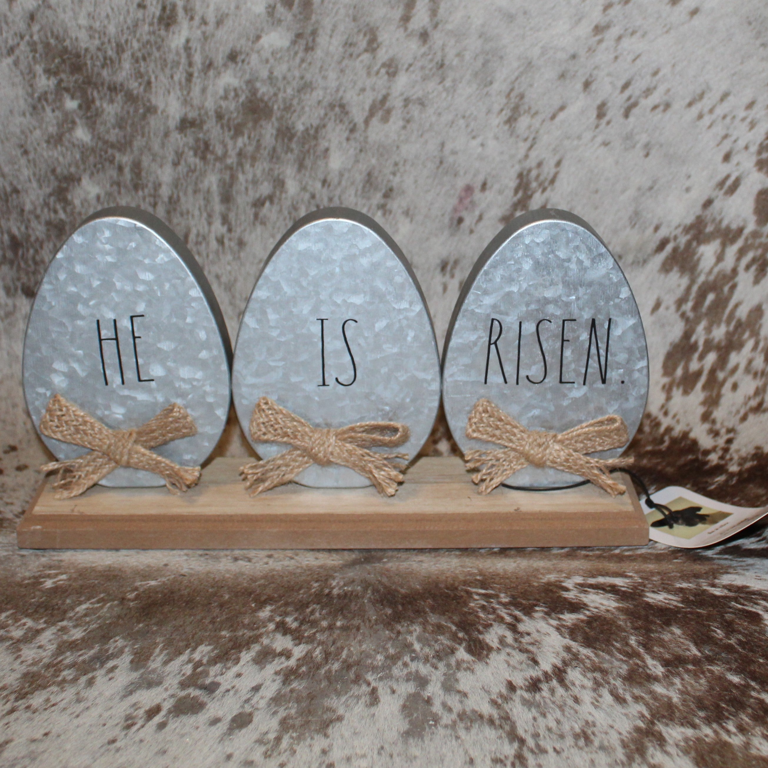 Rae Dunn HE IS RISEN Metal Egg Sign on Wood Base