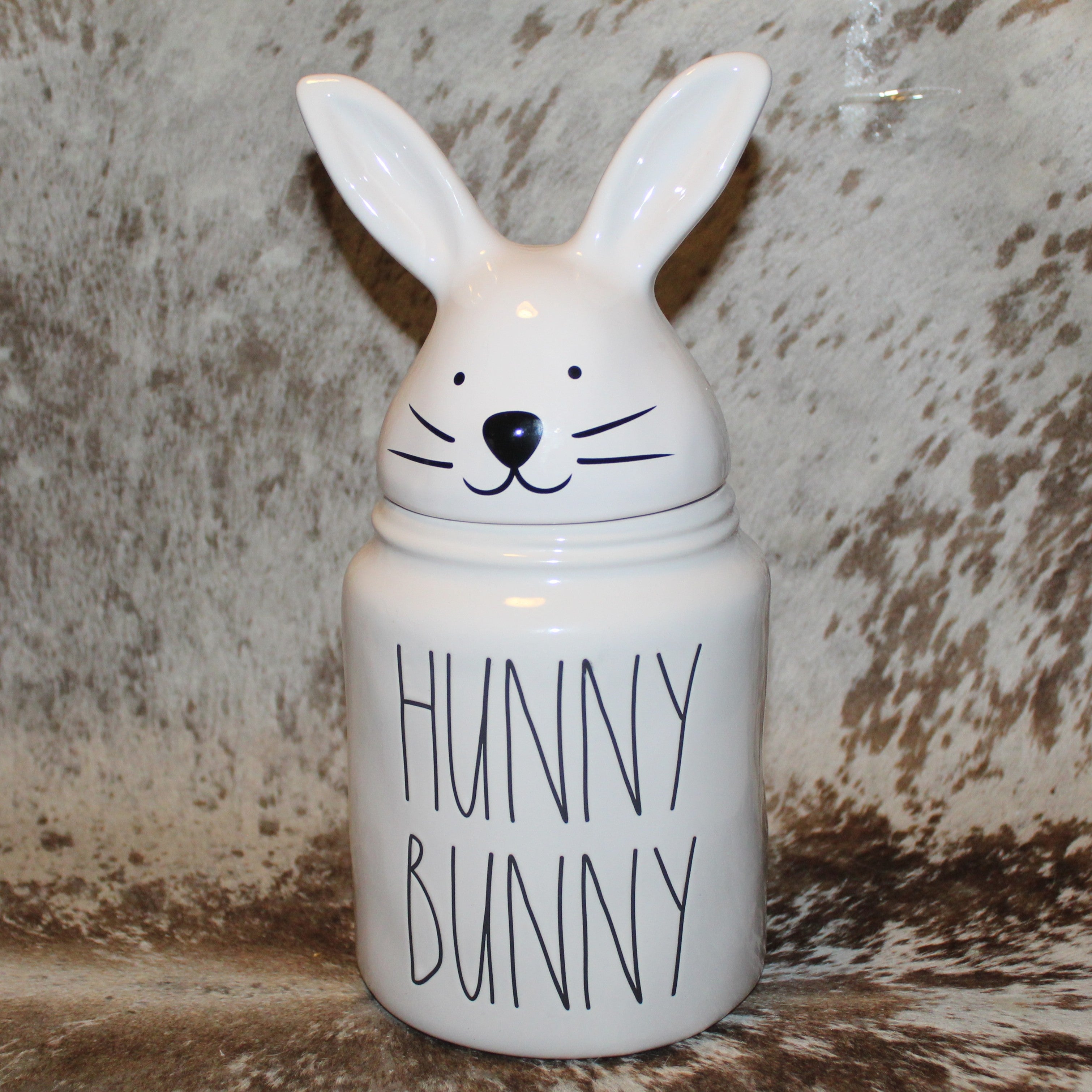 Rae Dunn HUNNY BUNNY White Large Canister with Bunny Head Topper