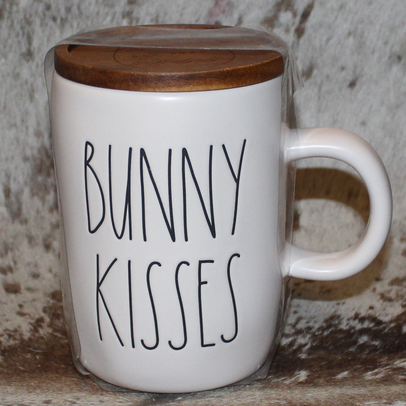 Rae Dunn BUNNY KISSES White Mug with Wood Cellar Lid