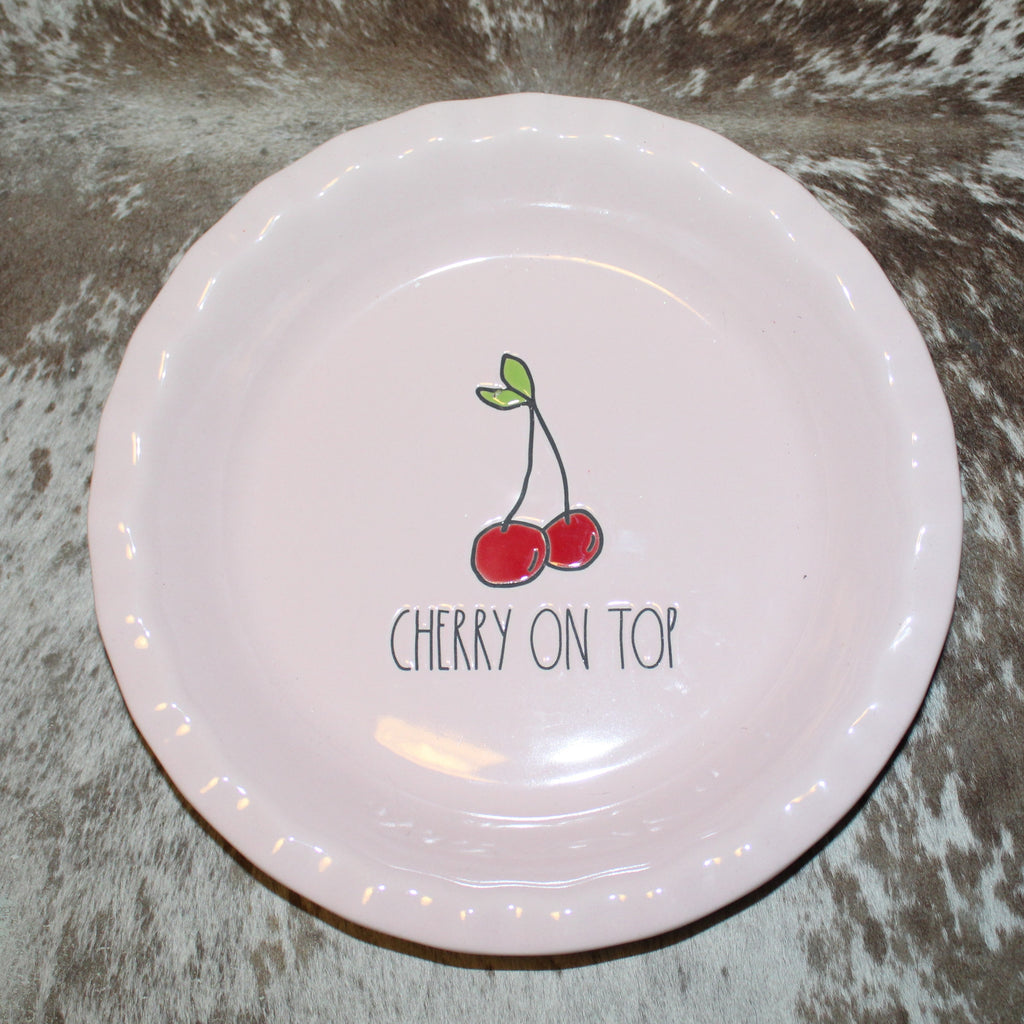 Rae Dunn CHERRY ON TOP Pink Pie Plate with Cherry