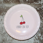 Rae Dunn CHERRY ON TOP Pink Pie Plate with Cherry