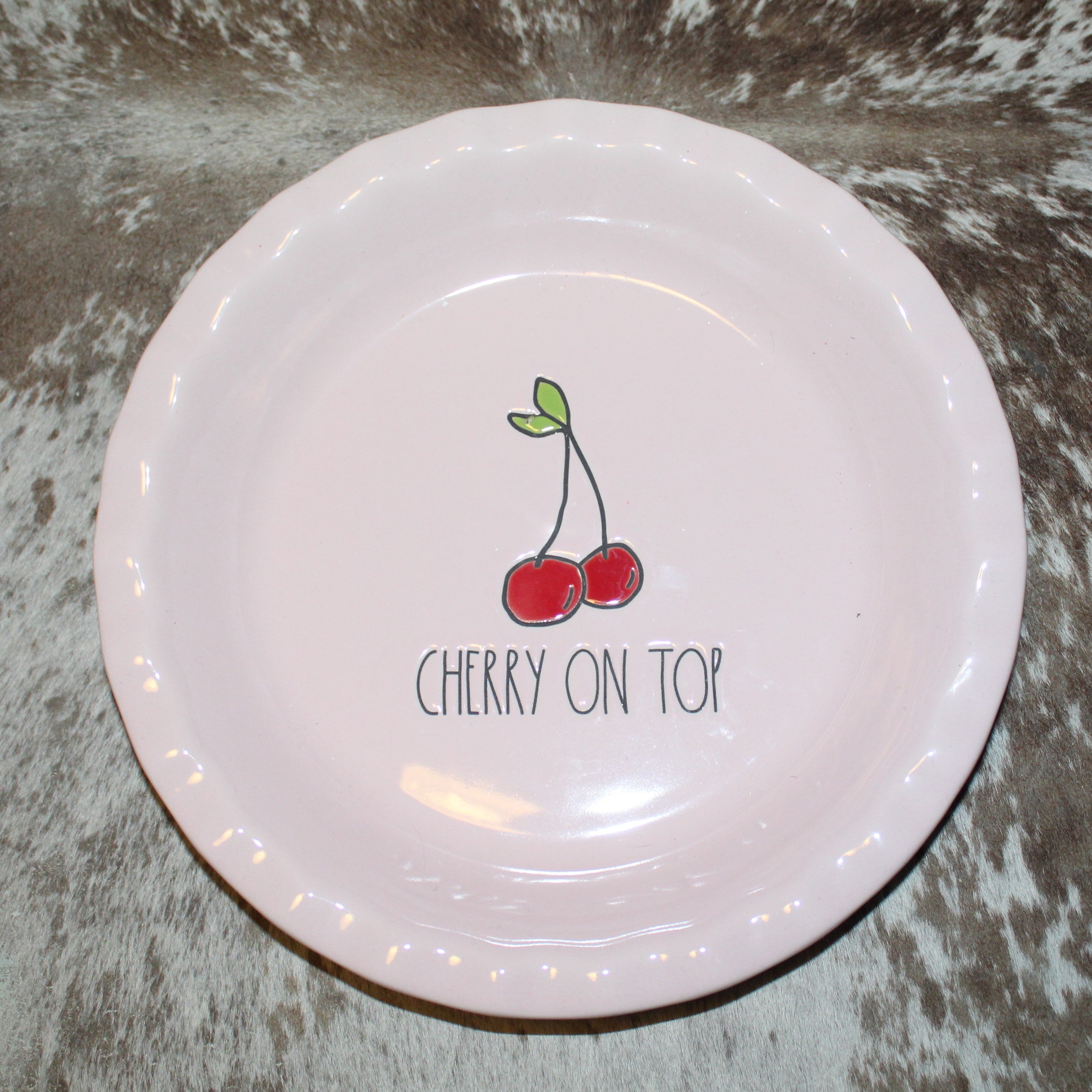 Rae Dunn CHERRY ON TOP Pink Pie Plate with Cherry