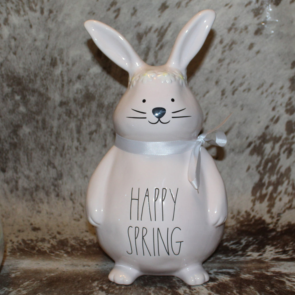 Rae Dunn HAPPY SPRING Large Bunny Figurine with Flower Crown very Light Pink